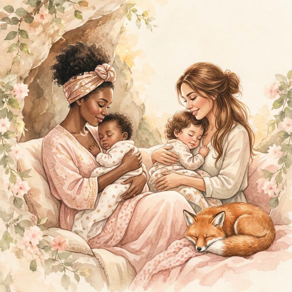 A Black mother and a Latina mother holding their children beside a sleeping fox
